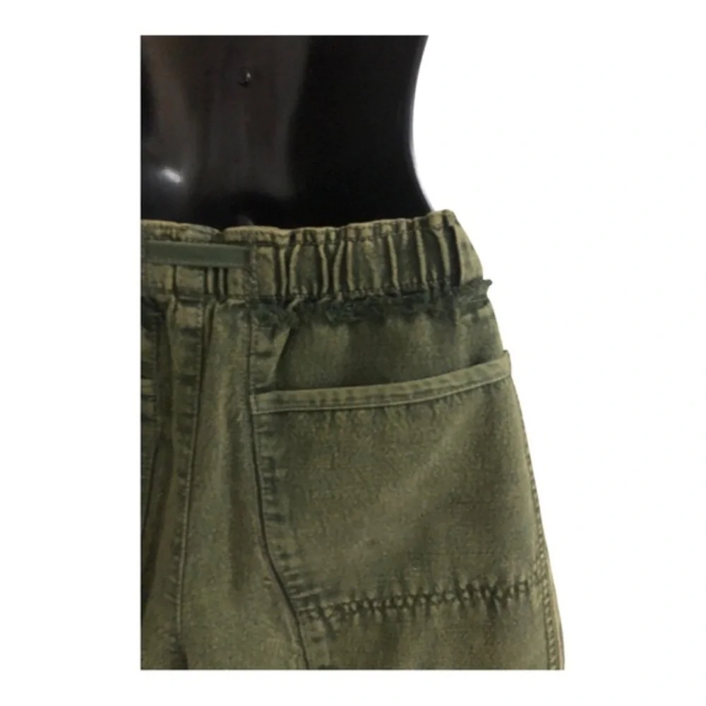 Free People green washed denim fringe paperbag waist‎ cotton shorts size XS new